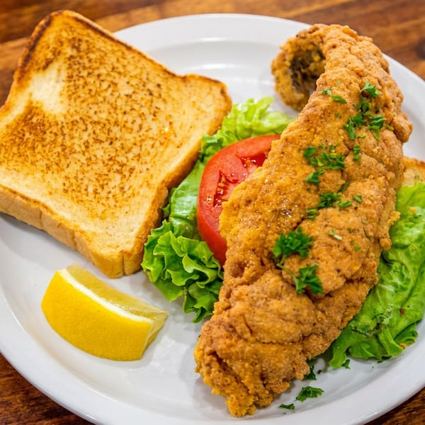 Fried fish fillet with toast, lettuce, tomato, and a lemon wedge on a white plate.