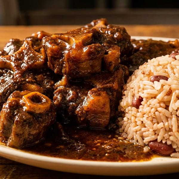 Close-up of savory braised oxtail and rice with red beans on a white plate.